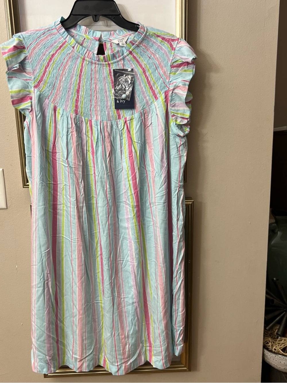 crown & ivy Pastel Striped Smocked Top in Mint, Pink & Lime 97% Rayon 3% spandex